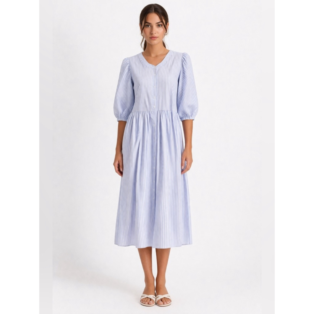 Blue Stripe Midi Dress Puff Sleeve Cotton Blend Size 36 Small